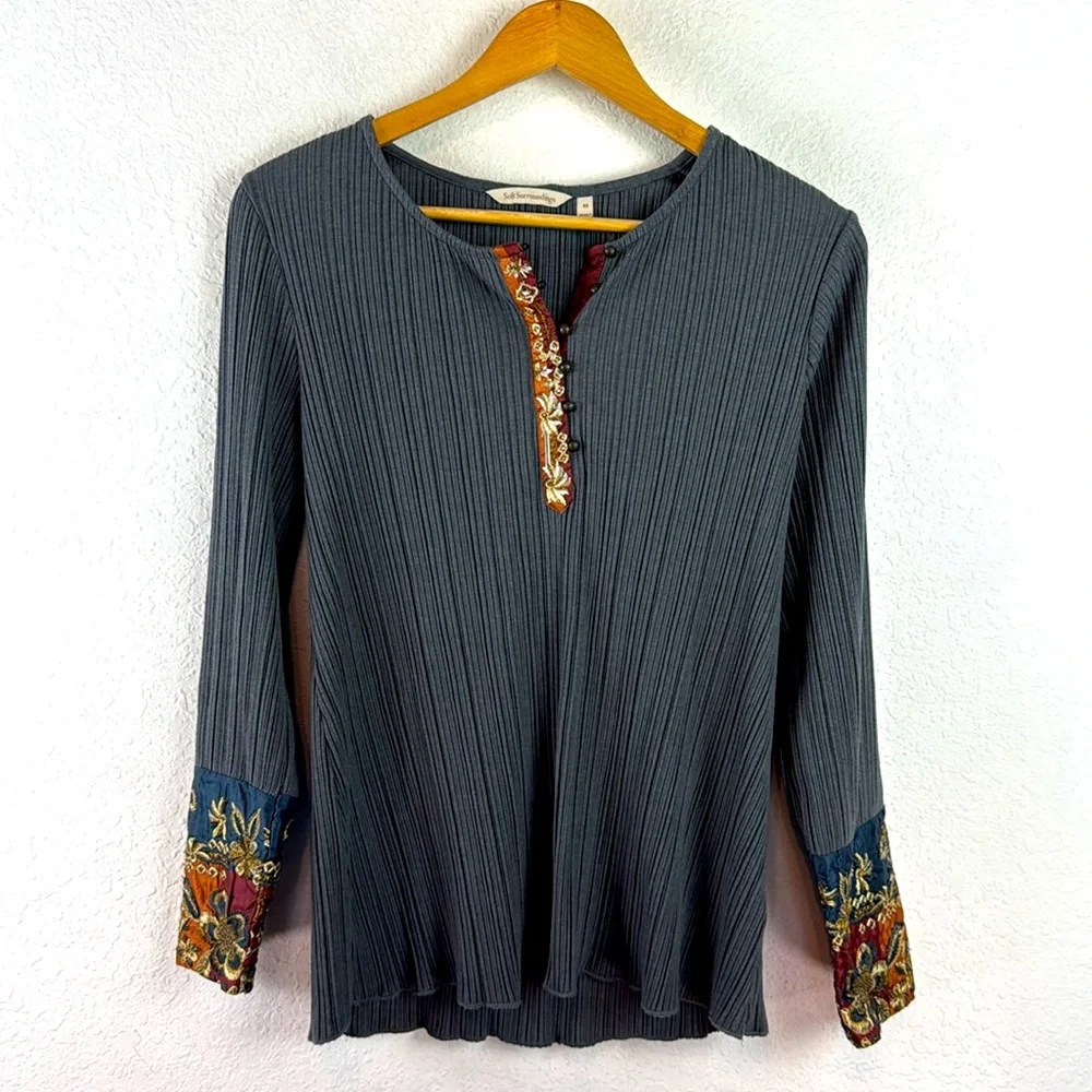 Soft Surroundings Gray Embroidered Long Sleeve ribbed boho oversized Henley top - Picture 1 of 7